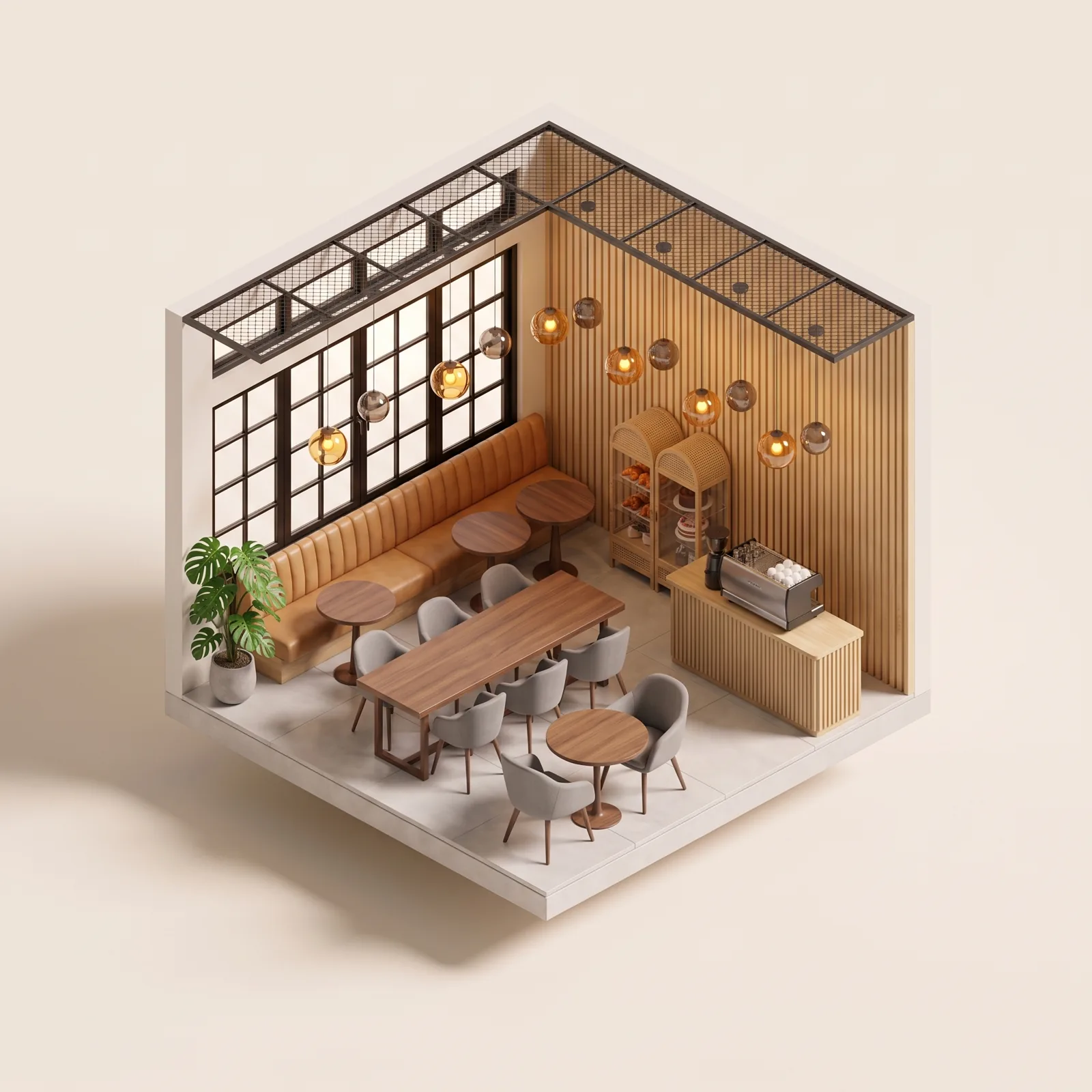 An isometric model of the Manna café interior with a pastry cabinet and coffee bar